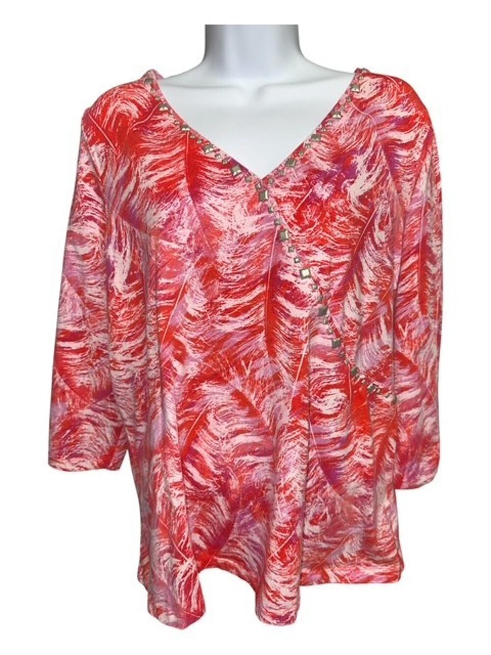 Hearts of Palm Woman Large - 1X Top Runs Small Orange Purple Leaves V-Neck Beads